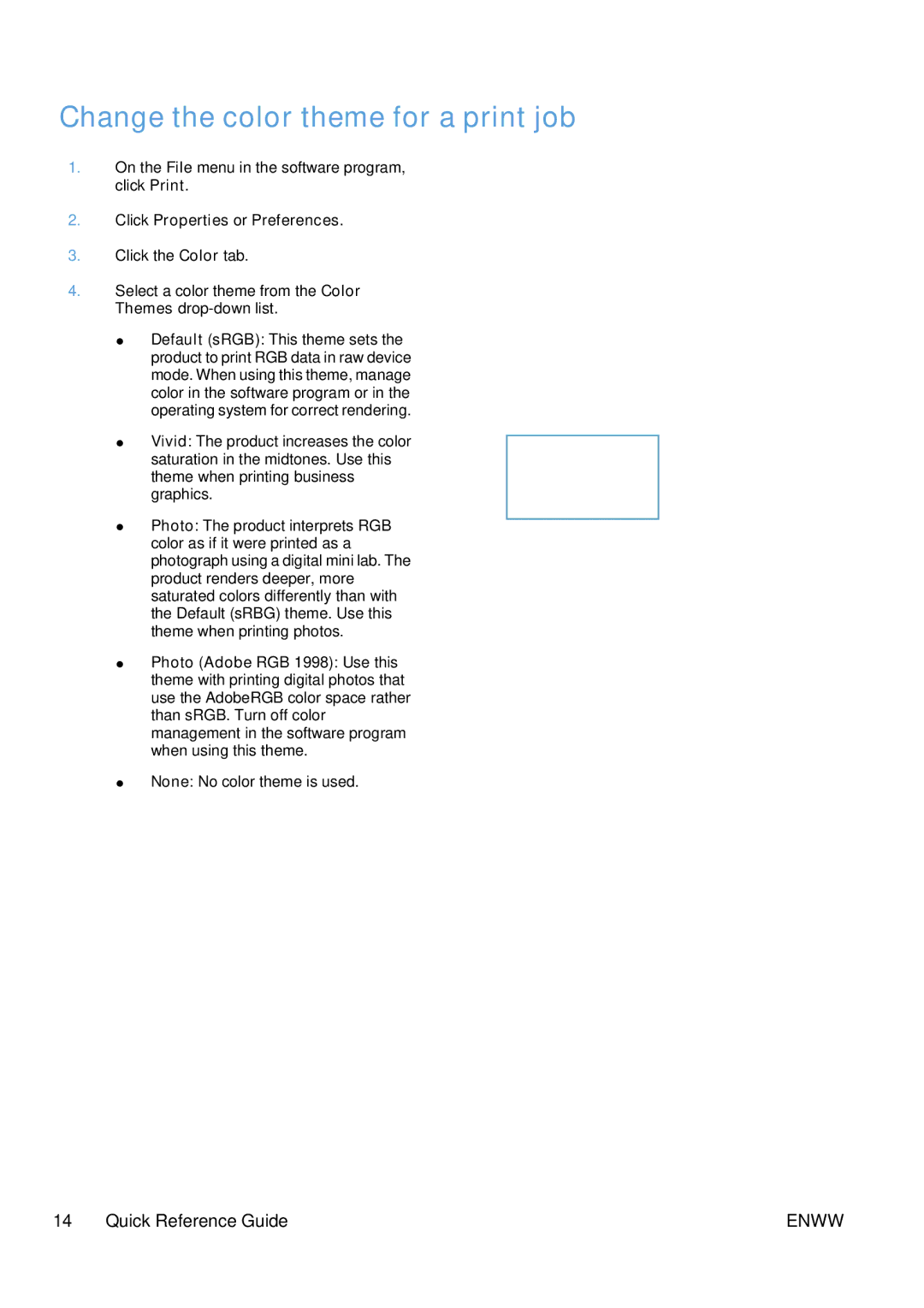 HP CM1415fnw Color, CM1415fn Color manual Change the color theme for a print job, Click Properties or Preferences 