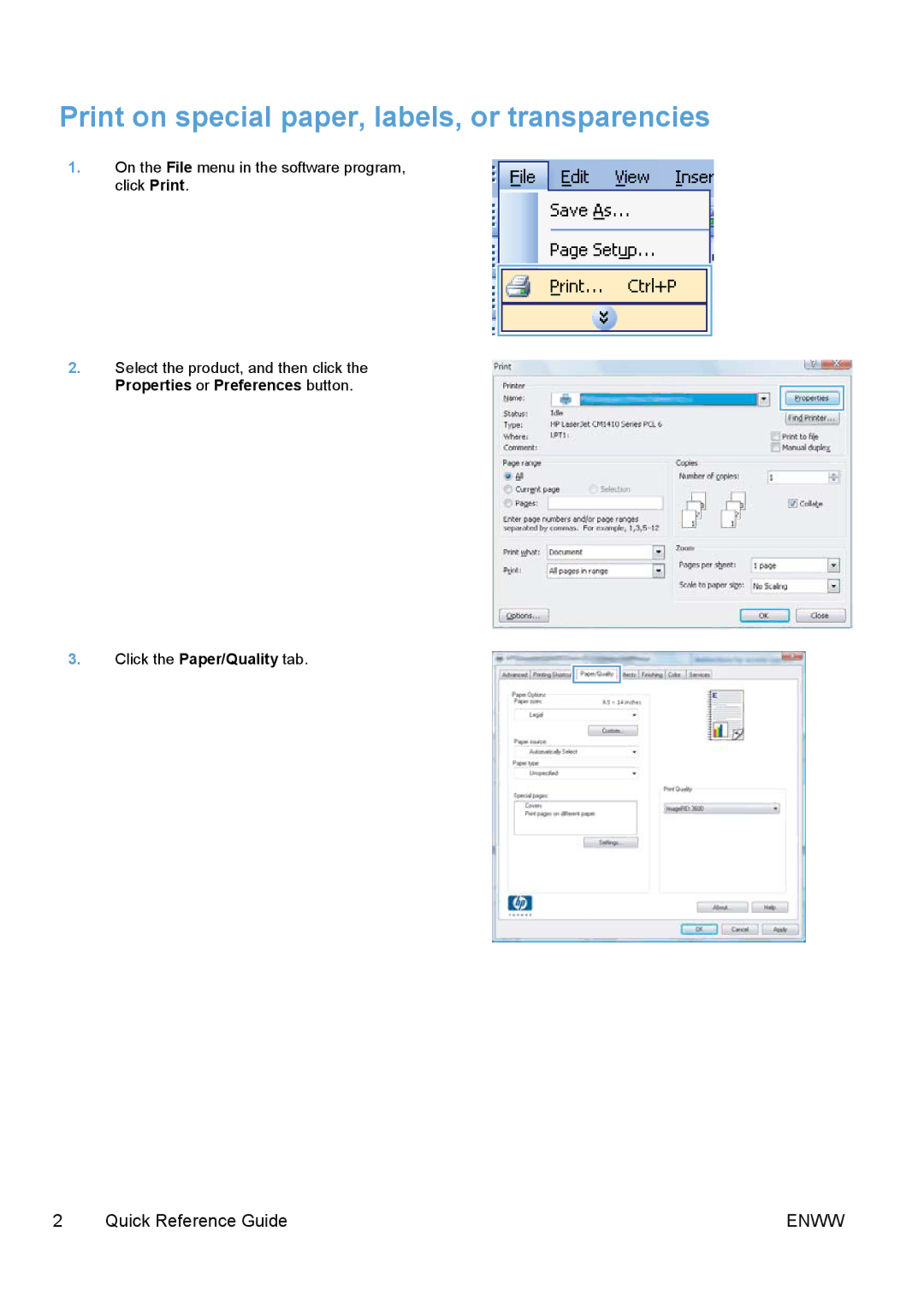 HP CM1415fnw Color, CM1415fn Color manual Print on special paper, labels, or transparencies, Enww 