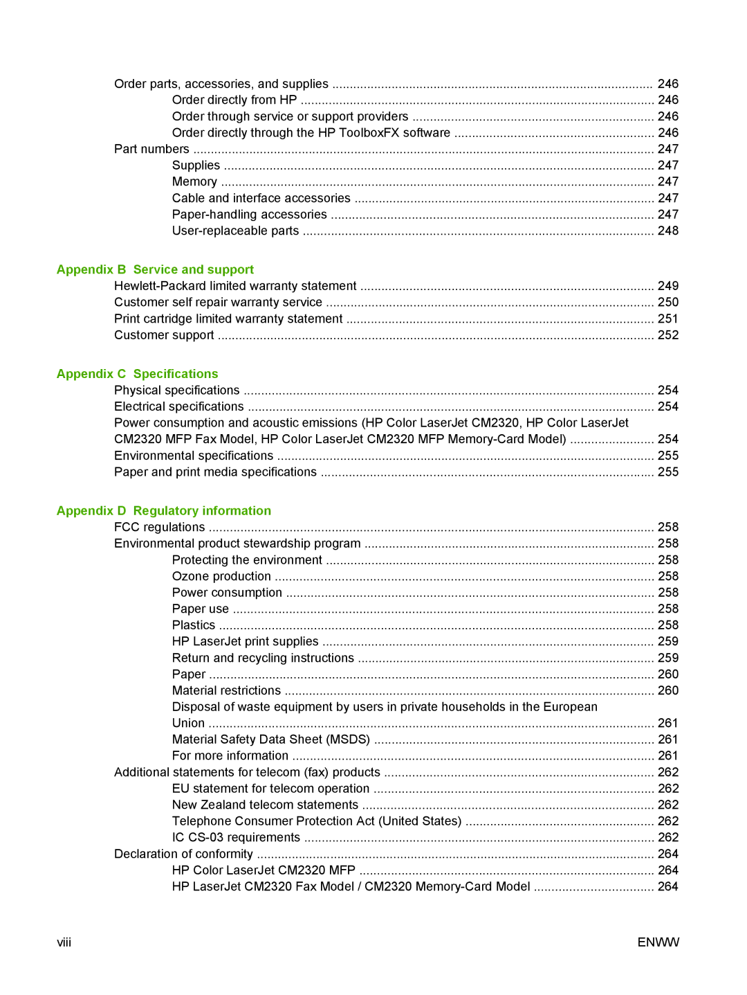 HP CM2320 manual Appendix B Service and support, Appendix C Specifications, Appendix D Regulatory information 