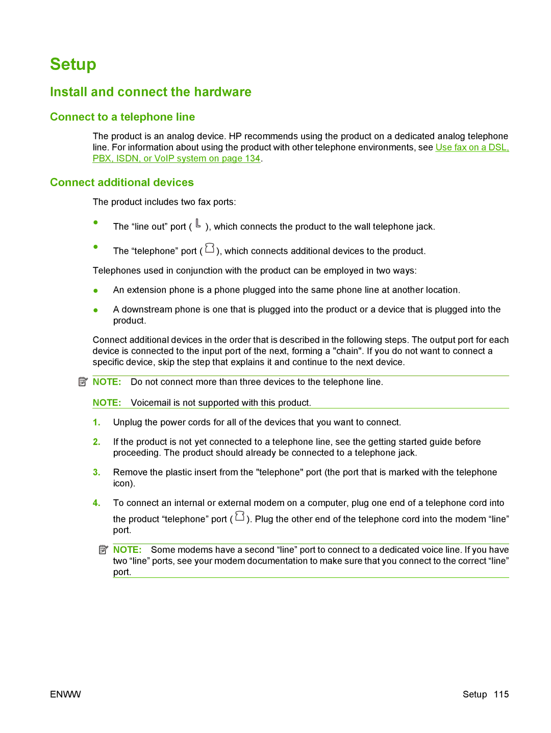 HP CM2320 manual Setup, Install and connect the hardware, Connect to a telephone line, Connect additional devices 