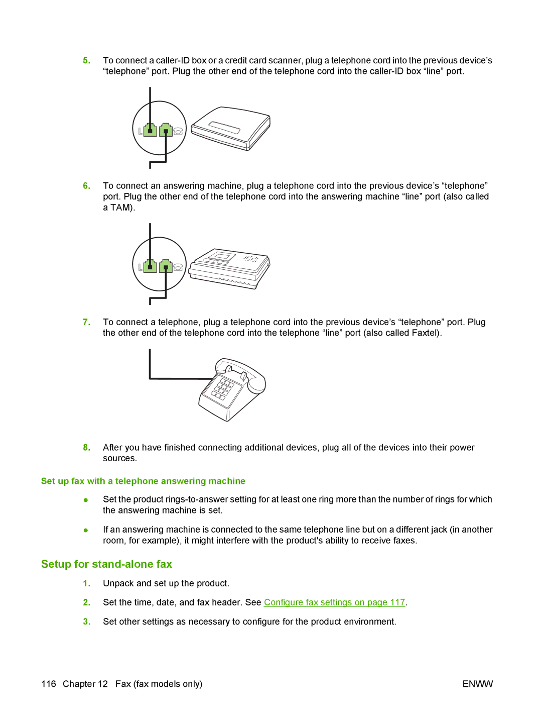 HP CM2320 manual Setup for stand-alone fax, Set up fax with a telephone answering machine 