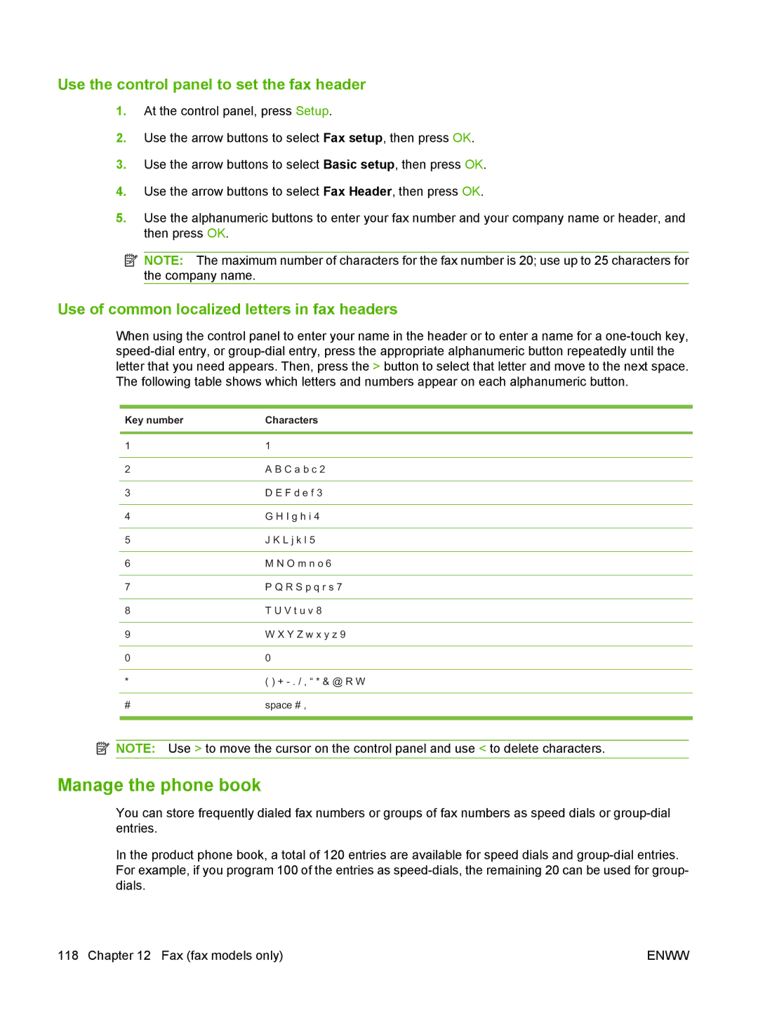 HP CM2320 manual Manage the phone book, Use the control panel to set the fax header 