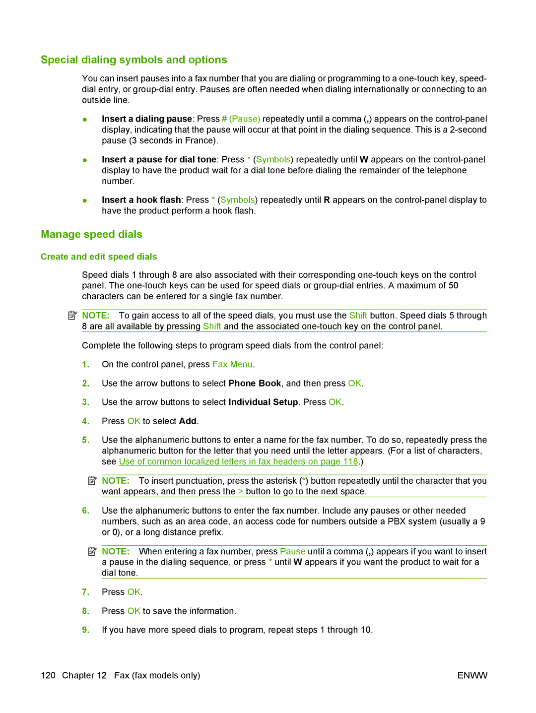 HP CM2320 manual Special dialing symbols and options, Manage speed dials, Create and edit speed dials 