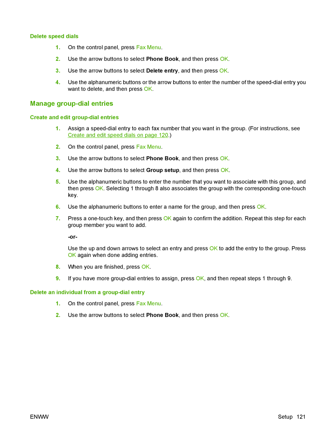 HP CM2320 manual Manage group-dial entries, Delete speed dials, Create and edit group-dial entries 