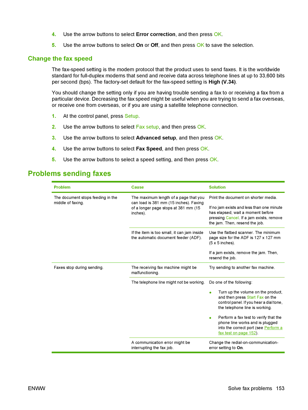 HP CM2320 manual Problems sending faxes, Change the fax speed, Problem Cause Solution, Fax test on 