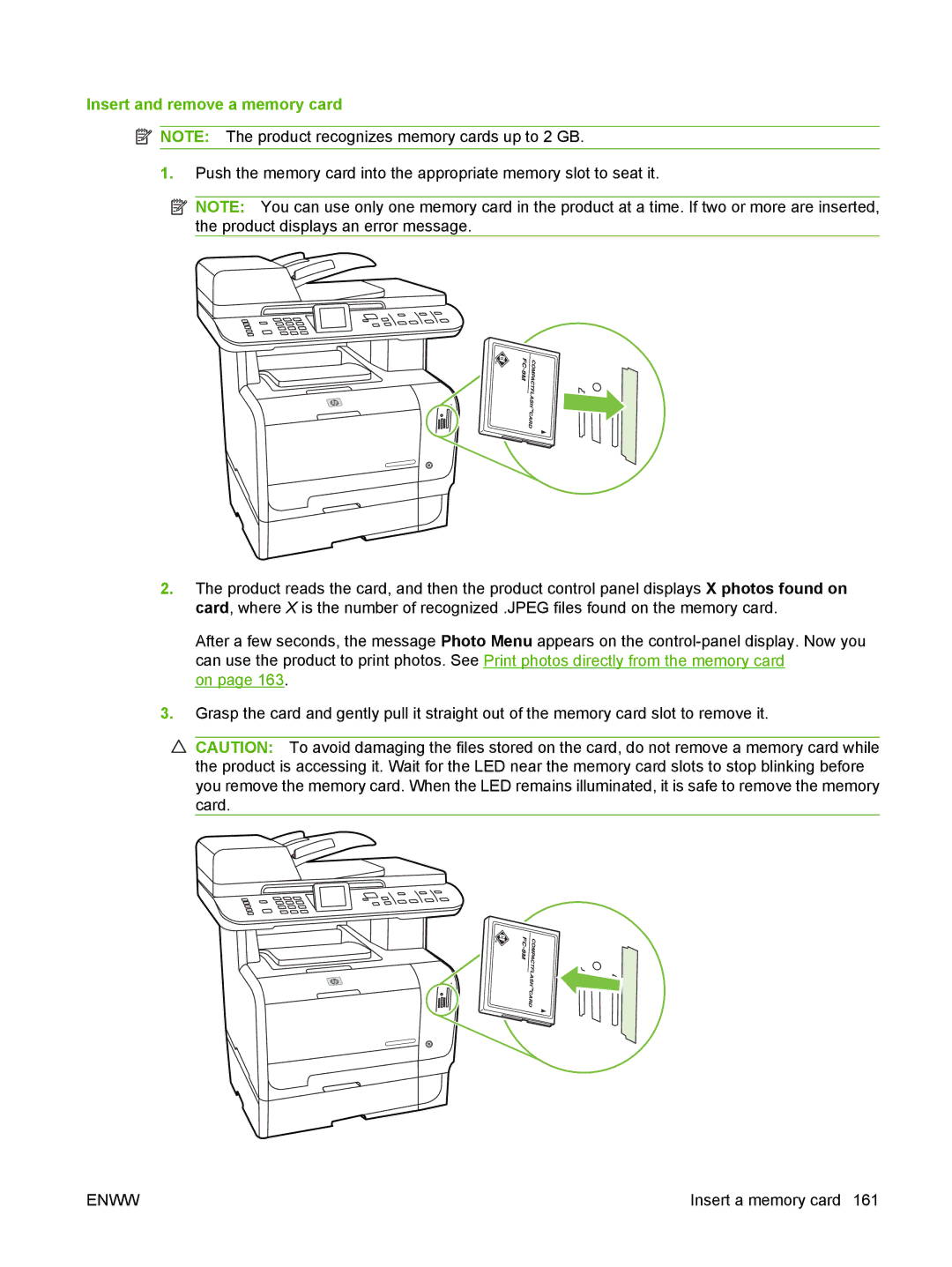 HP CM2320 manual Insert and remove a memory card 