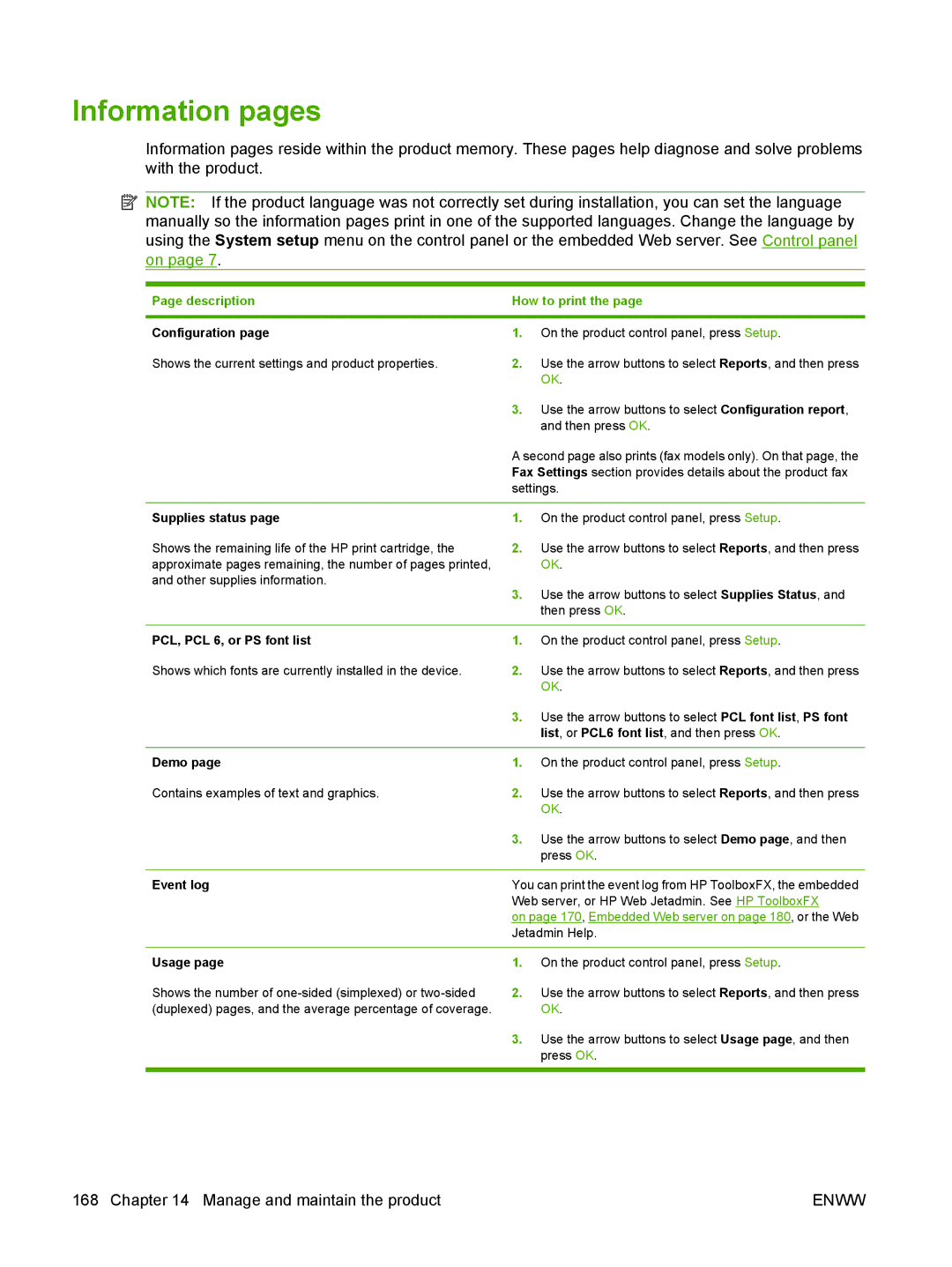 HP CM2320 manual Information pages, Description How to print, PCL, PCL 6, or PS font list, Event log 