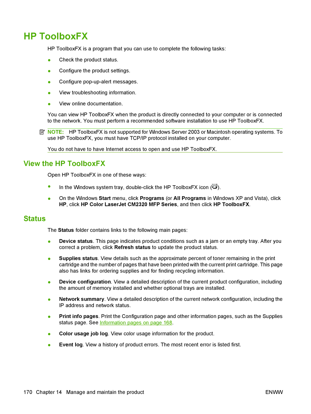 HP CM2320 manual View the HP ToolboxFX, Status 