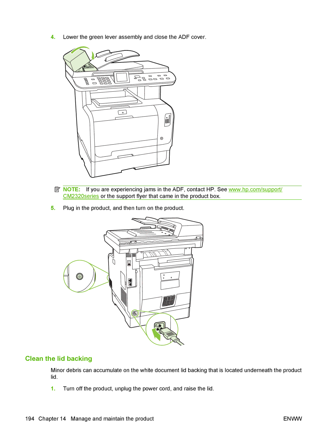 HP CM2320 manual Clean the lid backing 