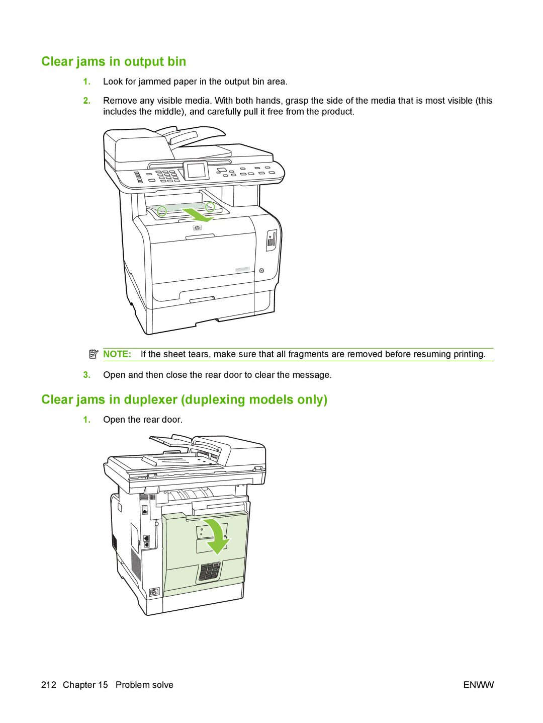 HP CM2320 manual Clear jams in output bin, Clear jams in duplexer duplexing models only 