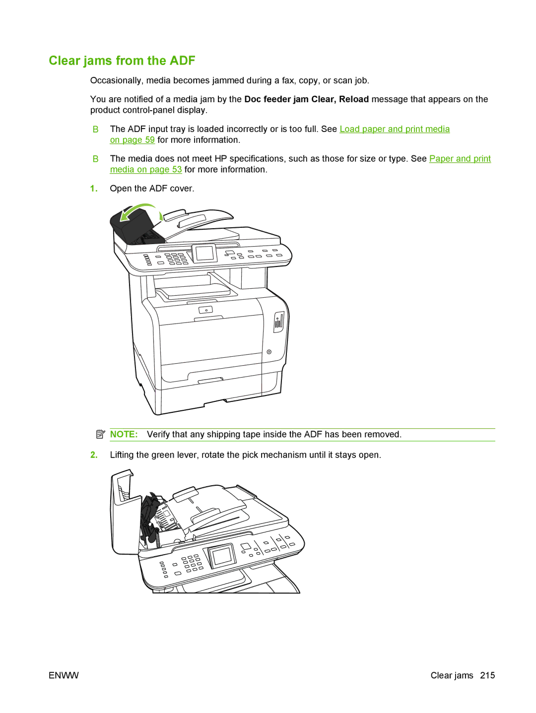 HP CM2320 manual Clear jams from the ADF 