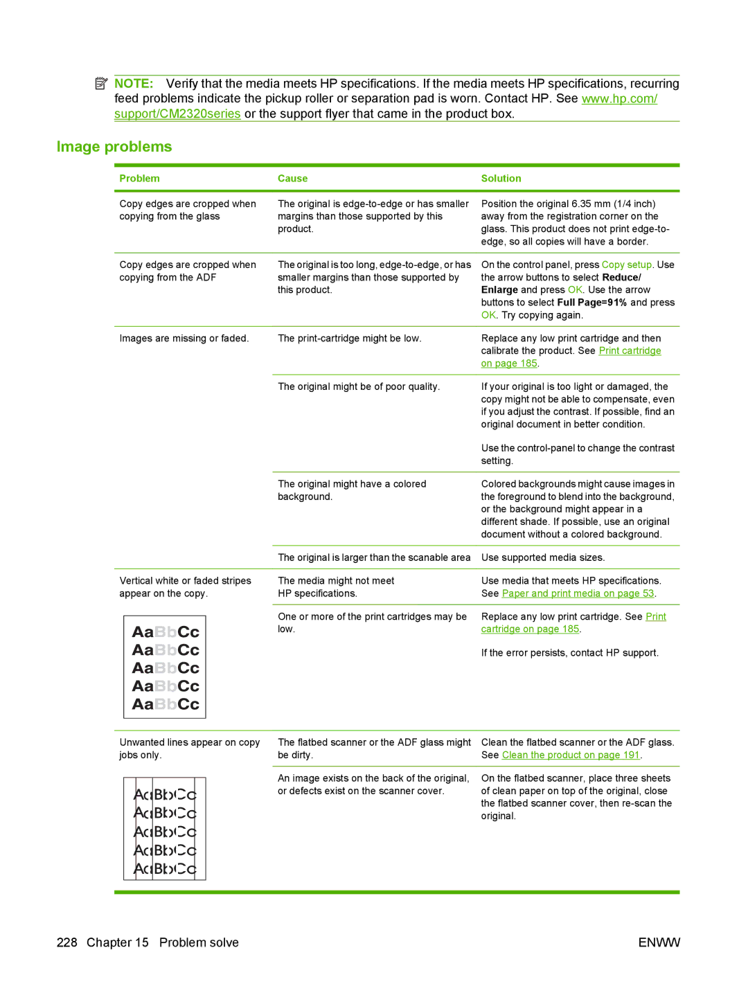 HP CM2320 manual Image problems, See Paper and print media on, Cartridge on, See Clean the product on 