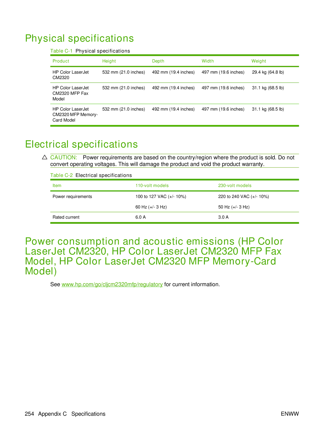 HP CM2320 manual Table C-1Physical specifications, Table C-2Electrical specifications 