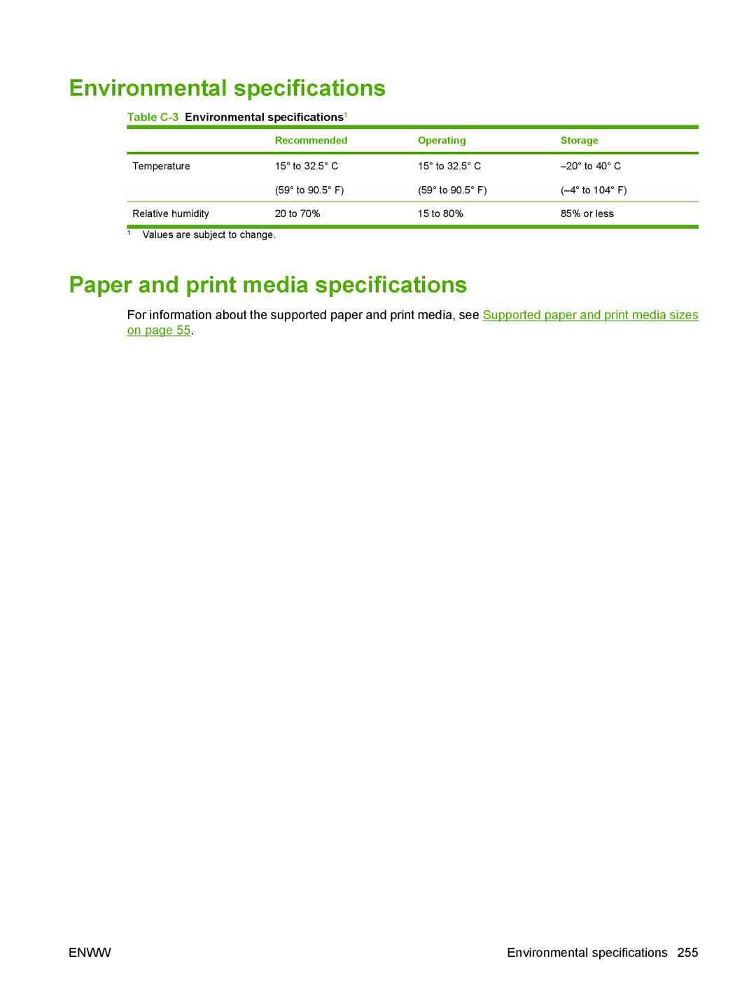 HP CM2320 Paper and print media specifications, Table C-3Environmental specifications1, Recommended Operating Storage 