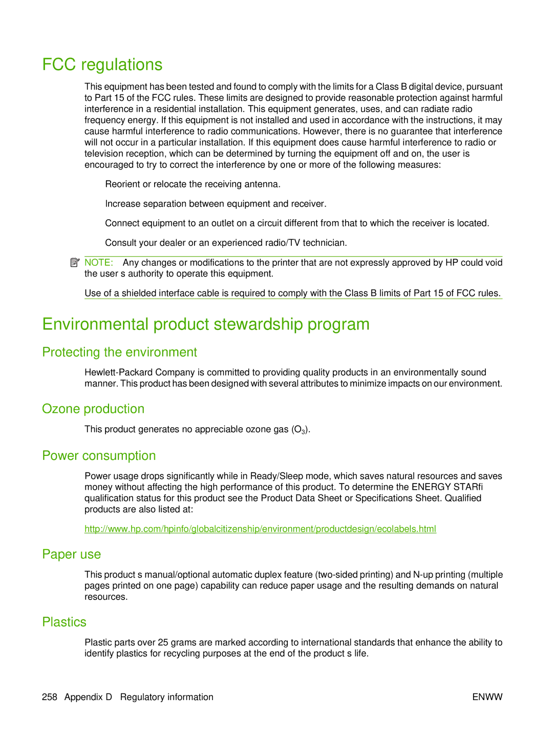 HP CM2320 manual FCC regulations, Environmental product stewardship program 