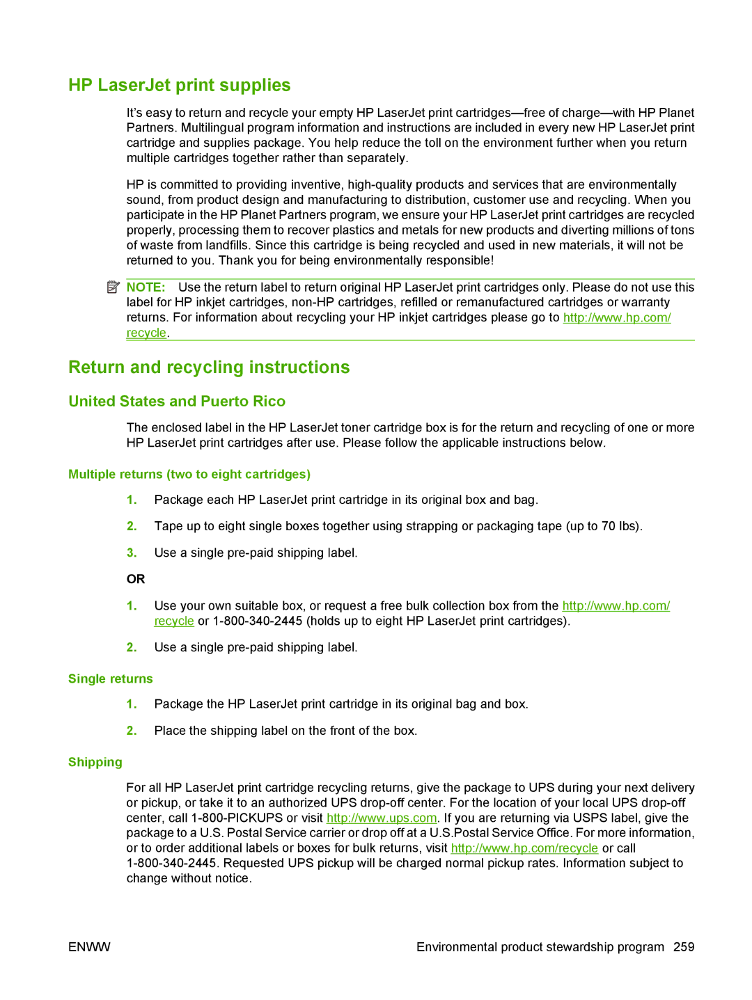 HP CM2320 manual HP LaserJet print supplies, Return and recycling instructions, United States and Puerto Rico 