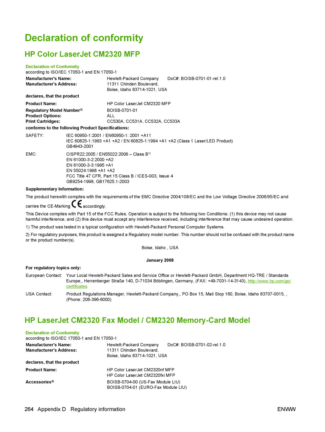 HP Declaration of conformity, HP Color LaserJet CM2320 MFP, HP LaserJet CM2320 Fax Model / CM2320 Memory-Card Model 
