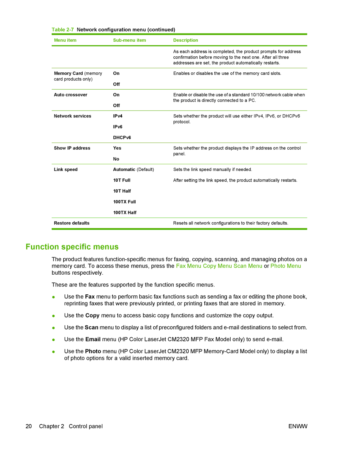 HP CM2320 manual Function specific menus, Confirmation before moving to the next one. After all three 