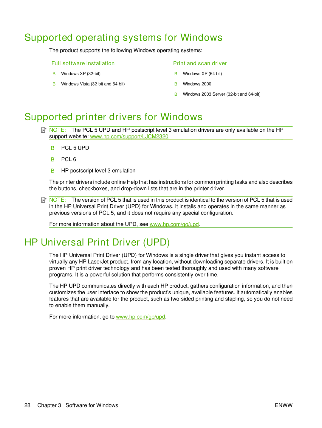 HP CM2320 Supported operating systems for Windows, Supported printer drivers for Windows, HP Universal Print Driver UPD 