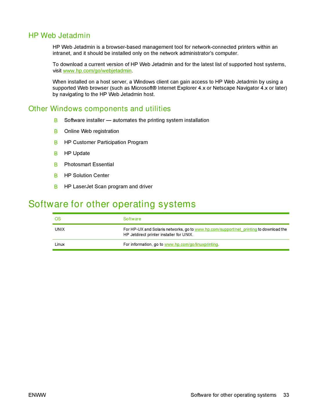 HP CM2320 manual Software for other operating systems, HP Web Jetadmin, Other Windows components and utilities 