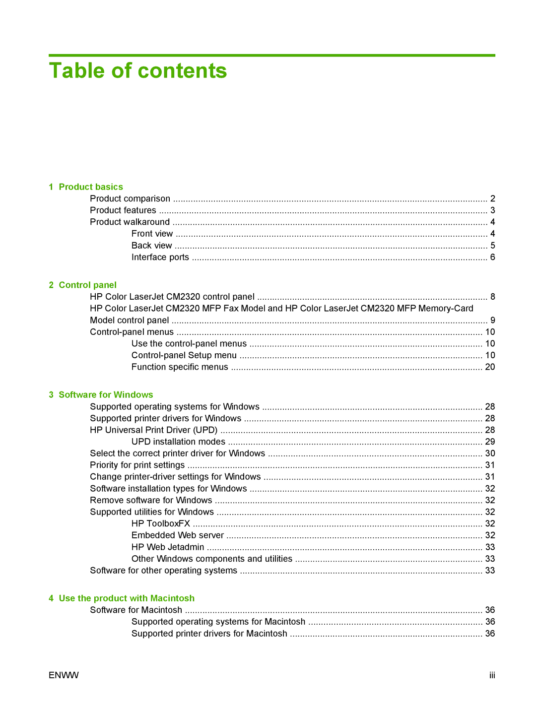 HP CM2320 manual Table of contents 