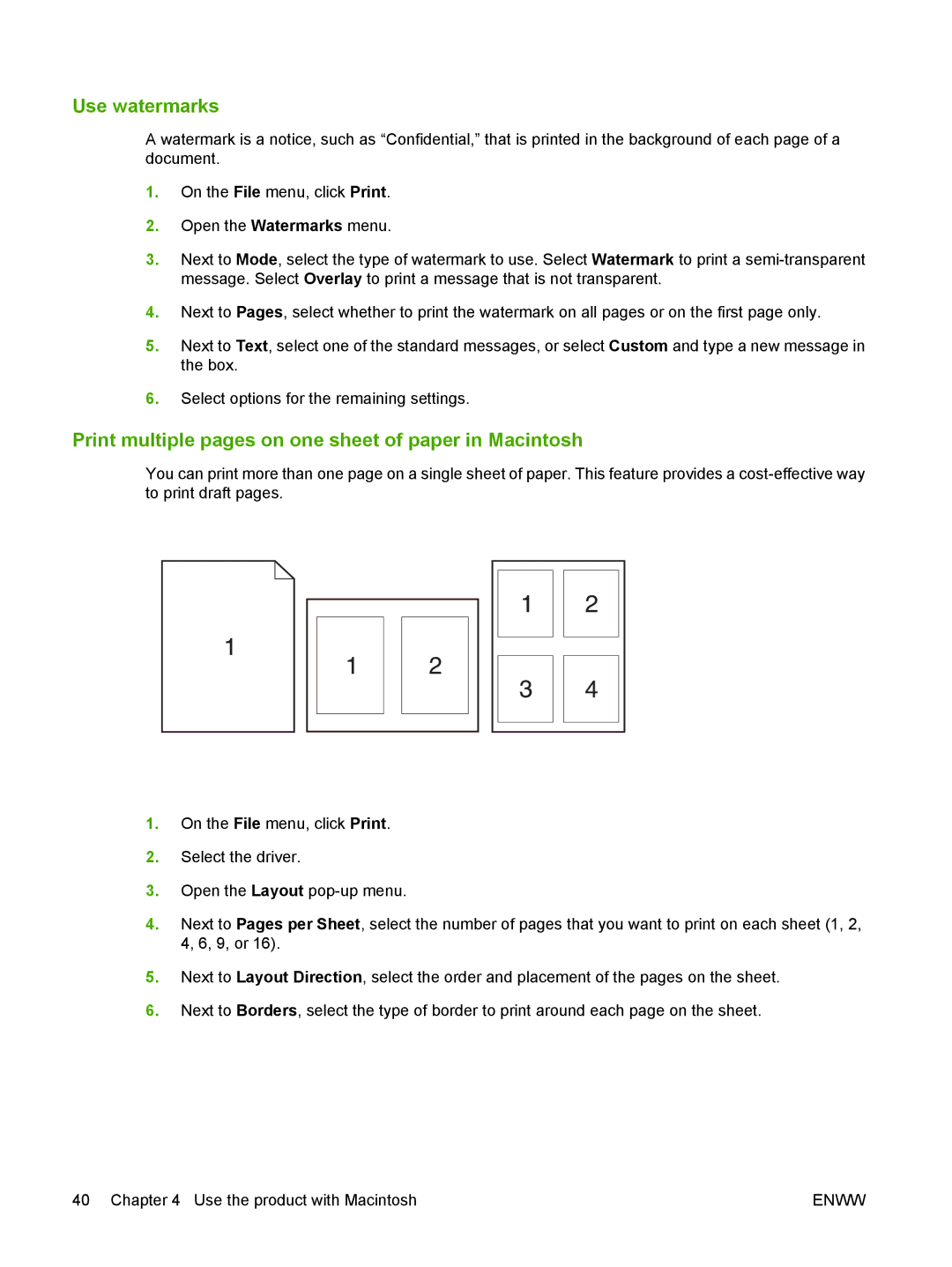 HP CM2320 manual Use watermarks, Print multiple pages on one sheet of paper in Macintosh 