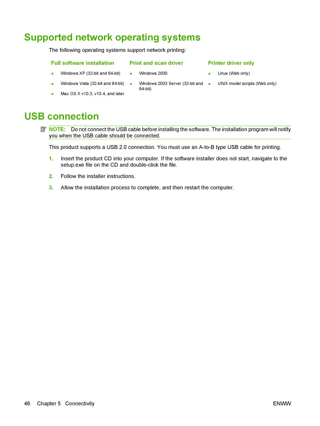 HP CM2320 manual Supported network operating systems, USB connection 