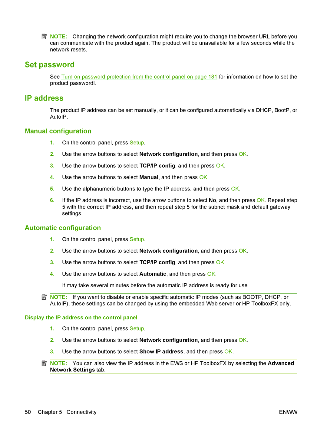 HP CM2320 manual Set password, IP address, Manual configuration, Automatic configuration 