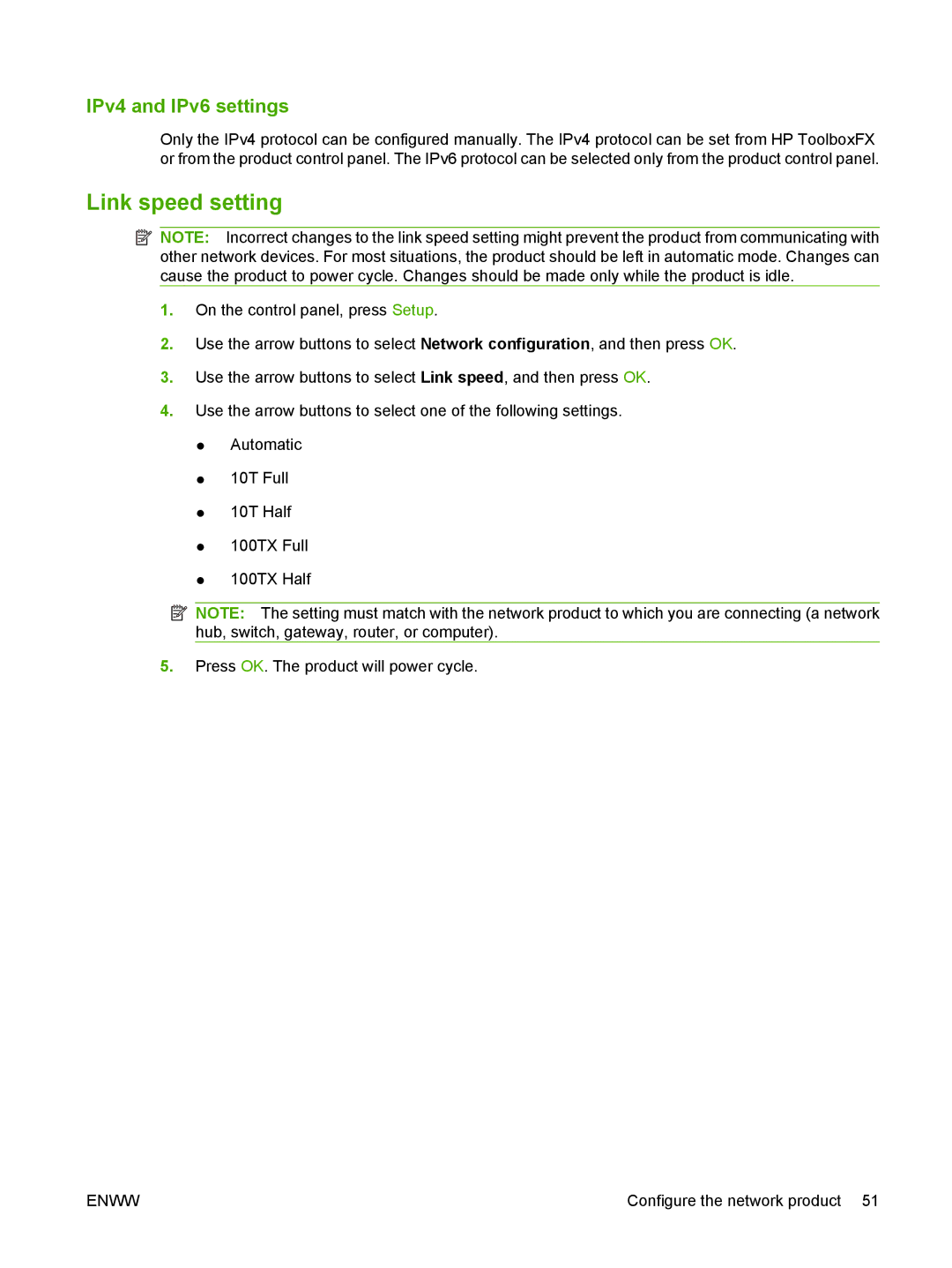 HP CM2320 manual Link speed setting, IPv4 and IPv6 settings 