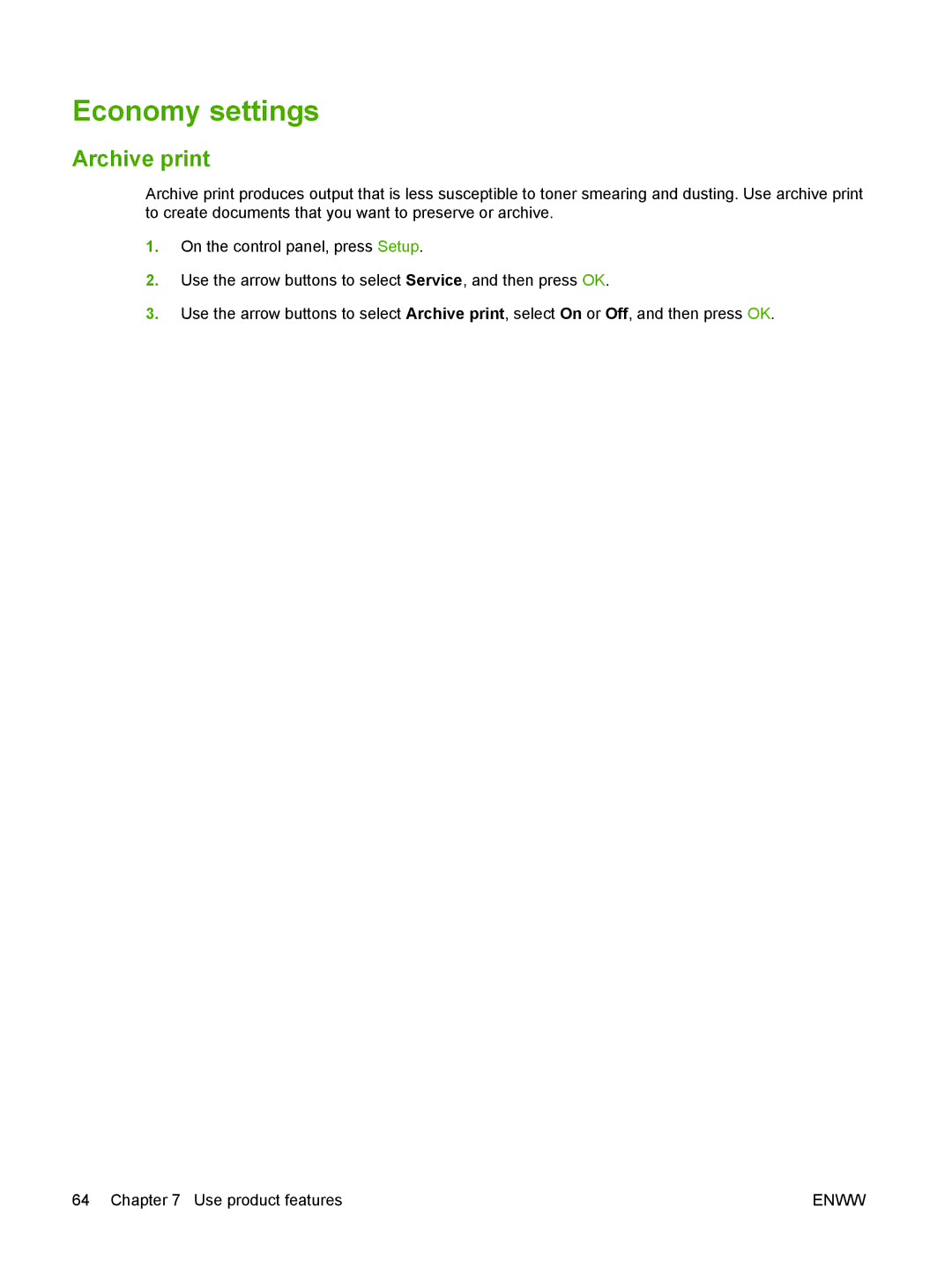HP CM2320 manual Economy settings, Archive print 