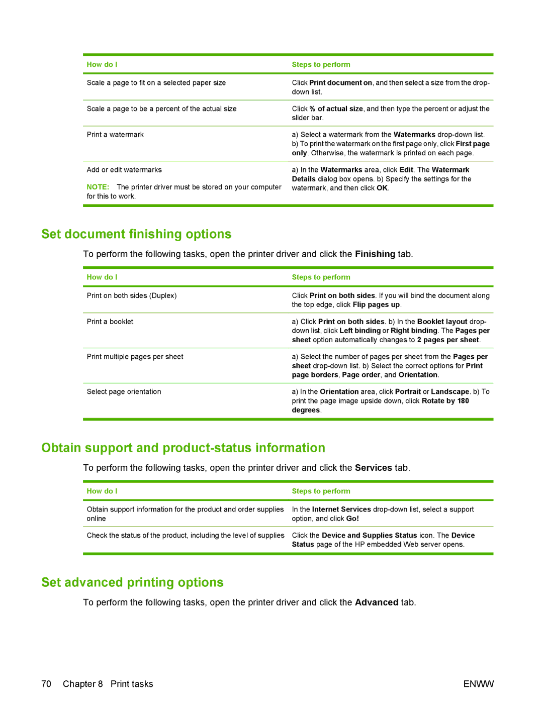 HP CM2320 Set document finishing options, Obtain support and product-status information, Set advanced printing options 