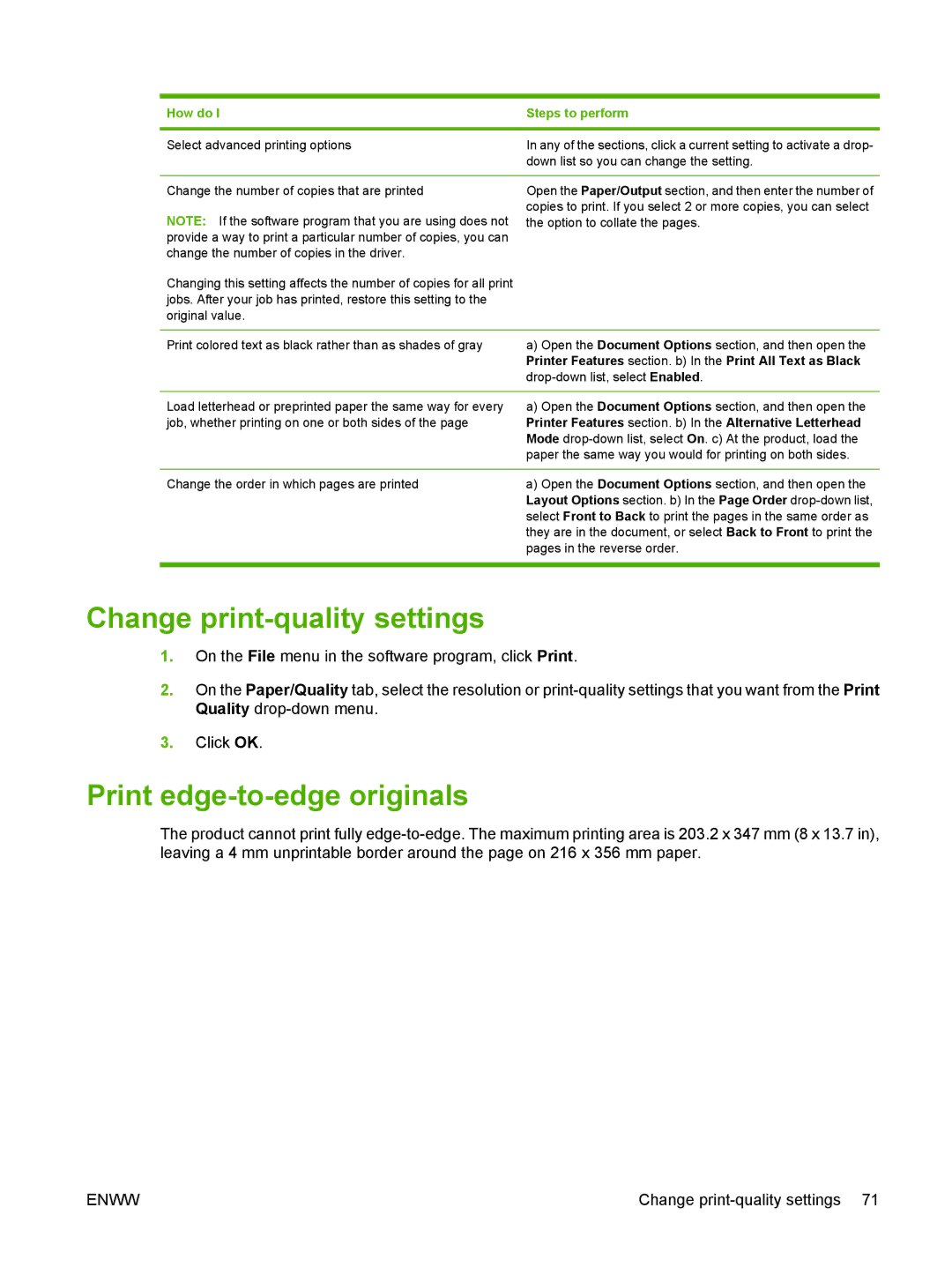 HP CM2320 manual Change print-quality settings, Print edge-to-edge originals 