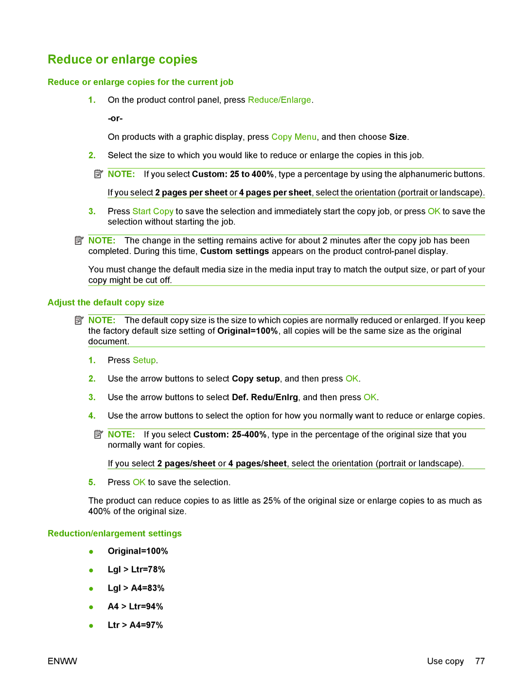 HP CM2320 Reduce or enlarge copies for the current job, Adjust the default copy size, Reduction/enlargement settings 