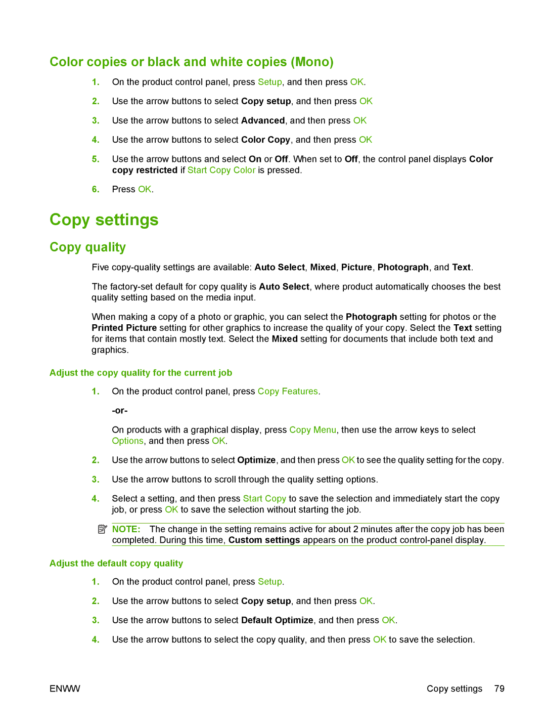 HP CM2320 manual Copy settings, Color copies or black and white copies Mono, Copy quality, Adjust the default copy quality 