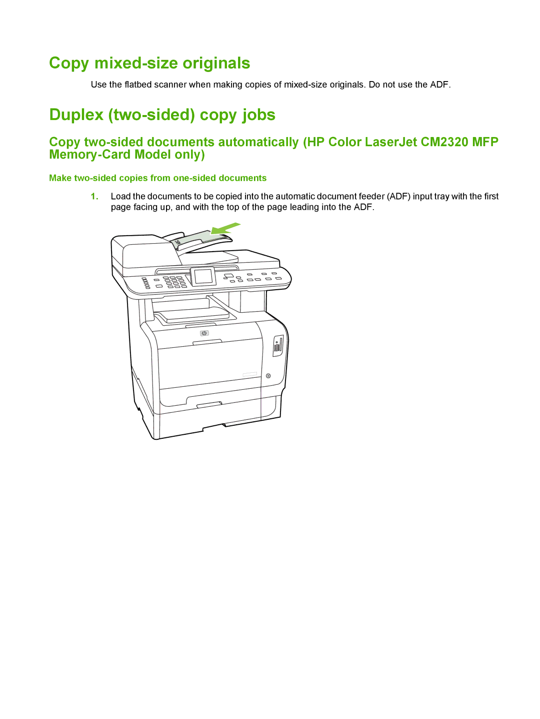 HP CM2320 manual Copy mixed-size originals, Duplex two-sided copy jobs, Make two-sided copies from one-sided documents 