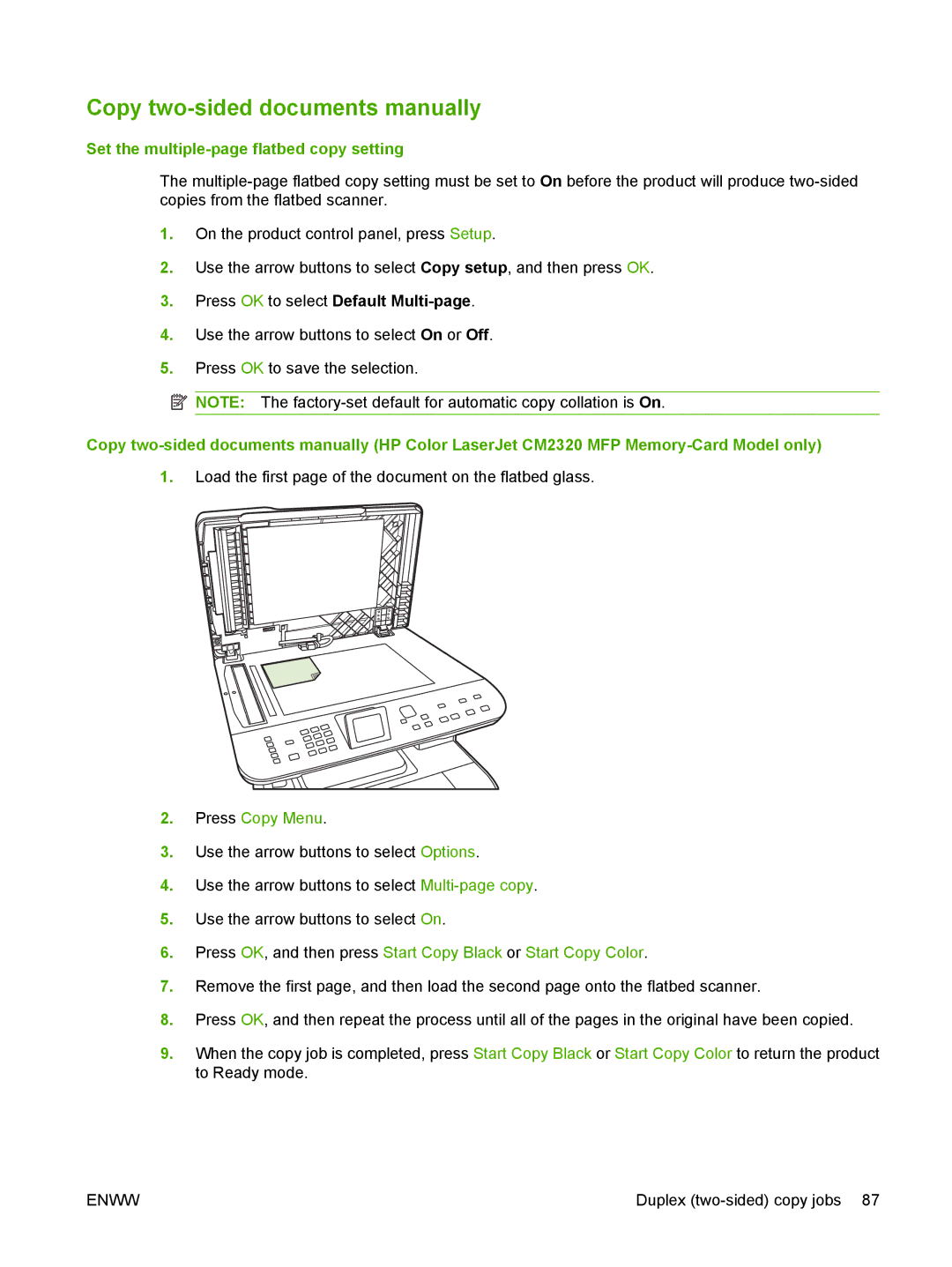 HP CM2320 Copy two-sided documents manually, Set the multiple-page flatbed copy setting 