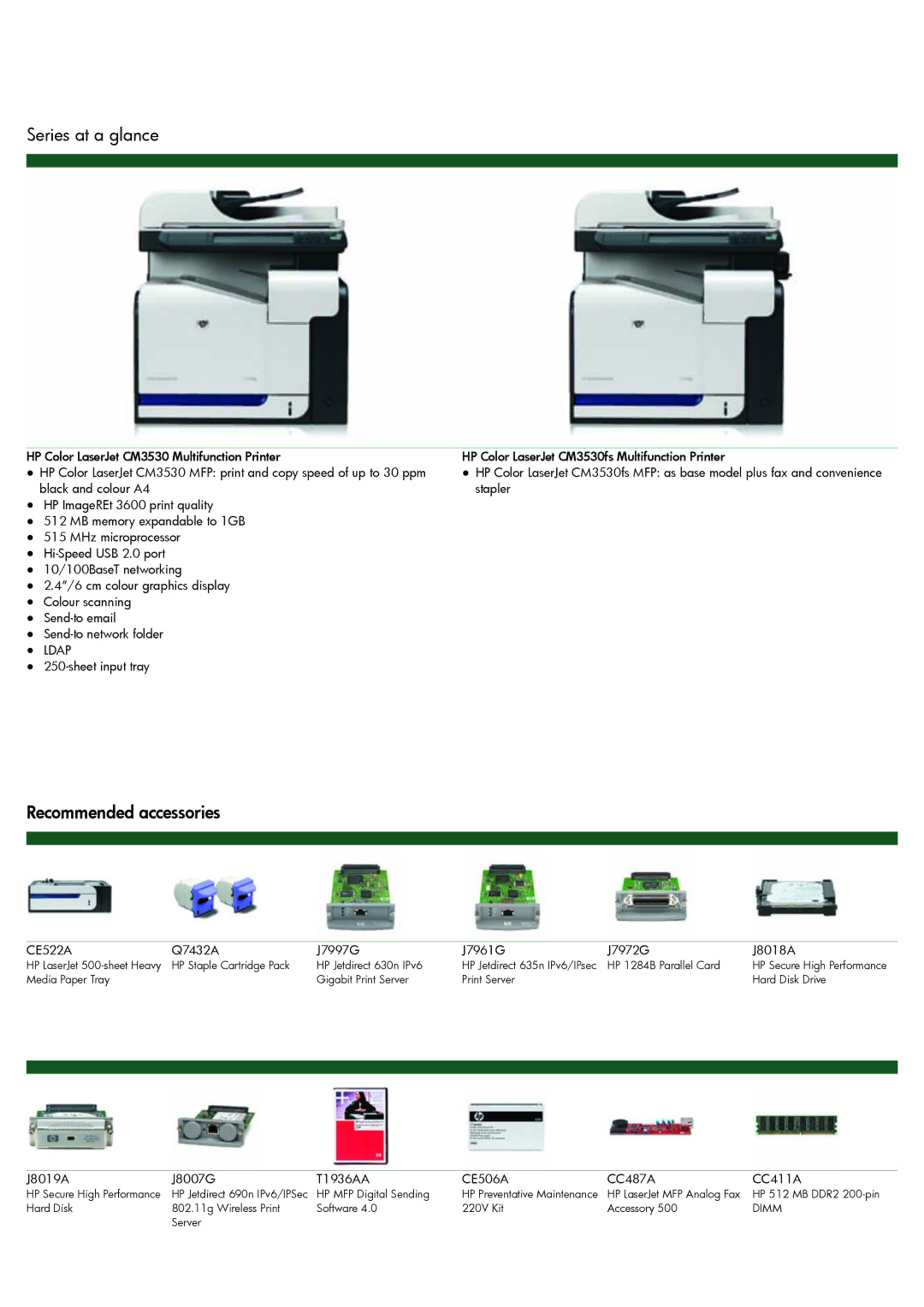 HP CM3530 manual Series at a glance, Recommended accessories 