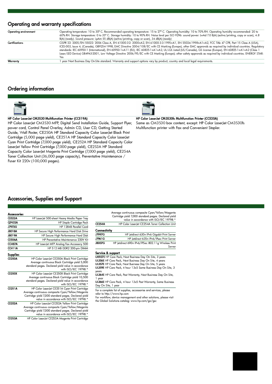 HP CM3530 manual Operating and warranty specifications, Ordering information, Accessories, Supplies and Support 