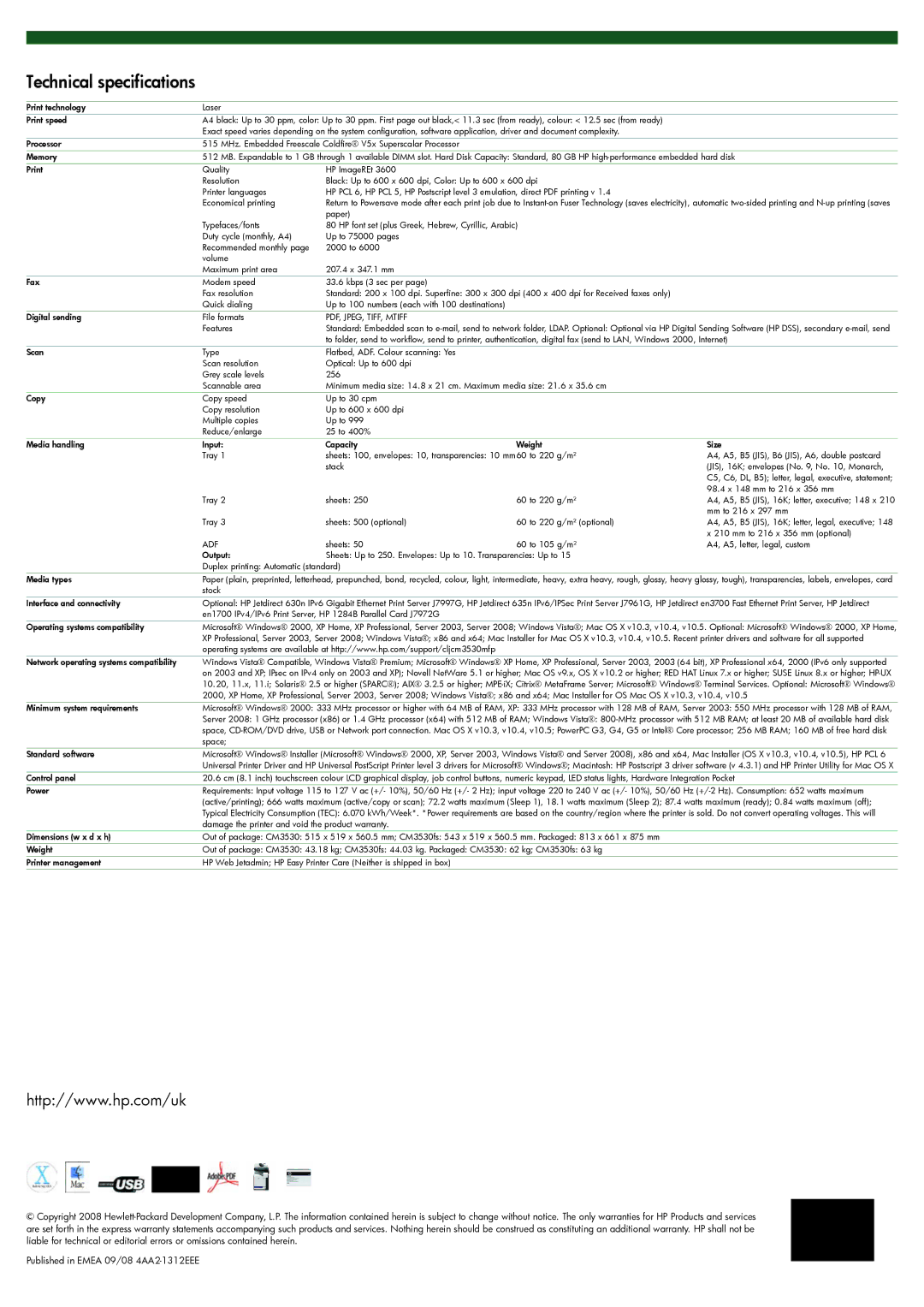 HP CM3530 manual Technical specifications 