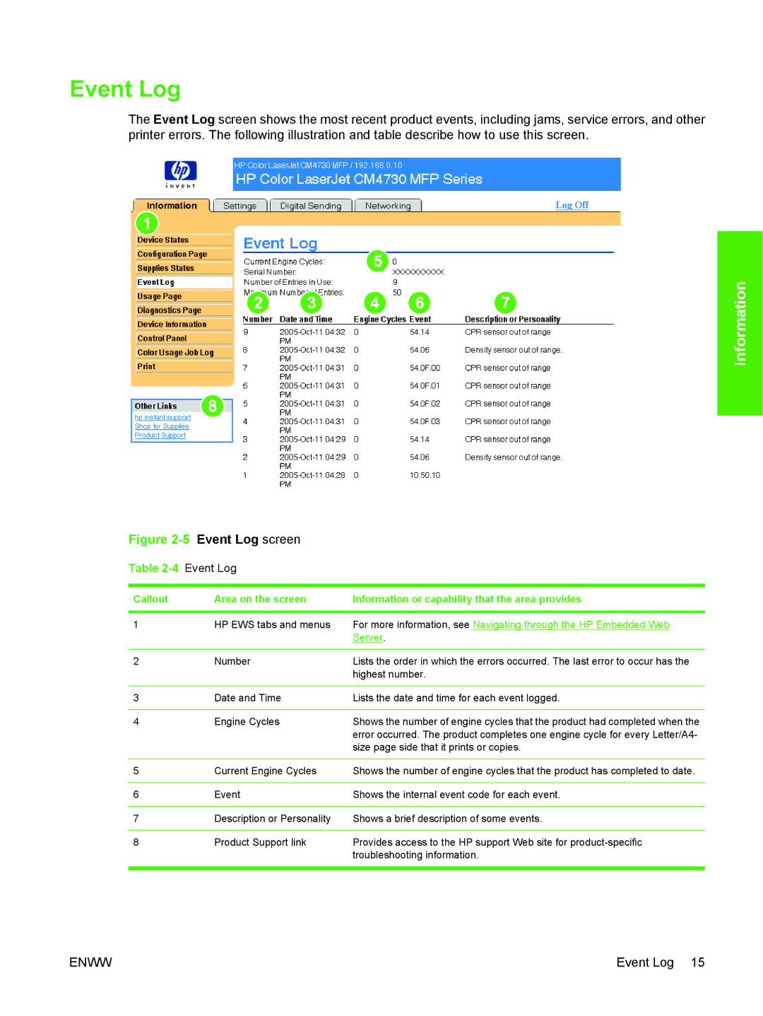 HP CM4730 manual Event Log, Size page side that it prints or copies 