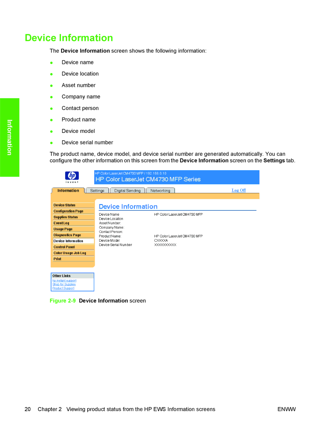 HP CM4730 manual 9Device Information screen 