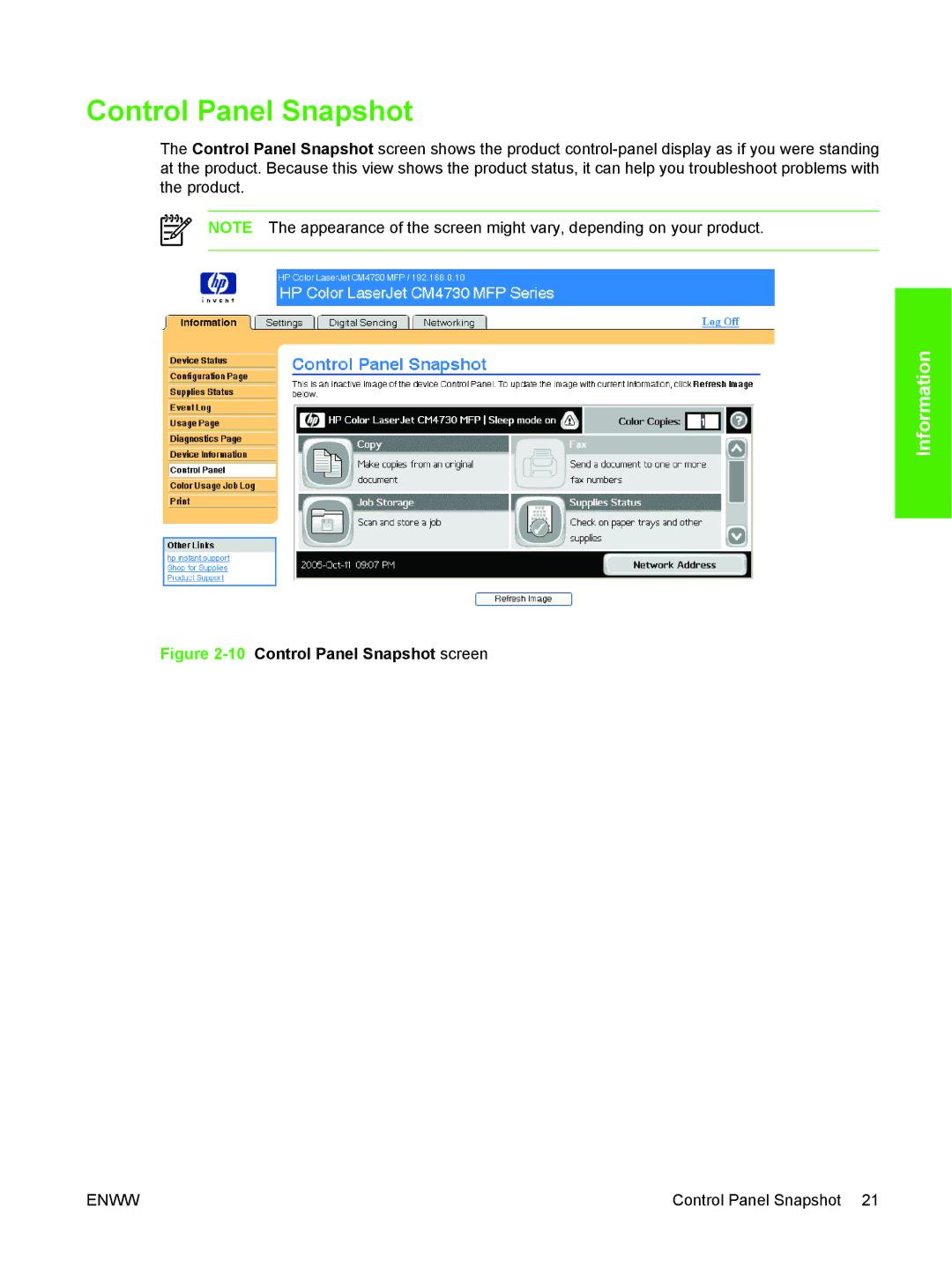 HP CM4730 manual 10Control Panel Snapshot screen 