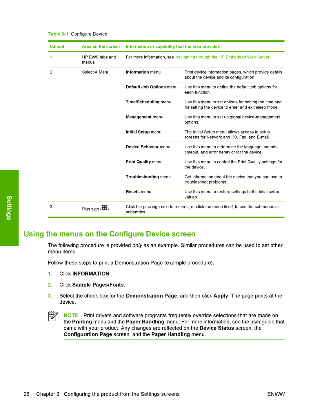 HP CM4730 Using the menus on the Configure Device screen, Click Information Click Sample Pages/Fonts, 1Configure Device 