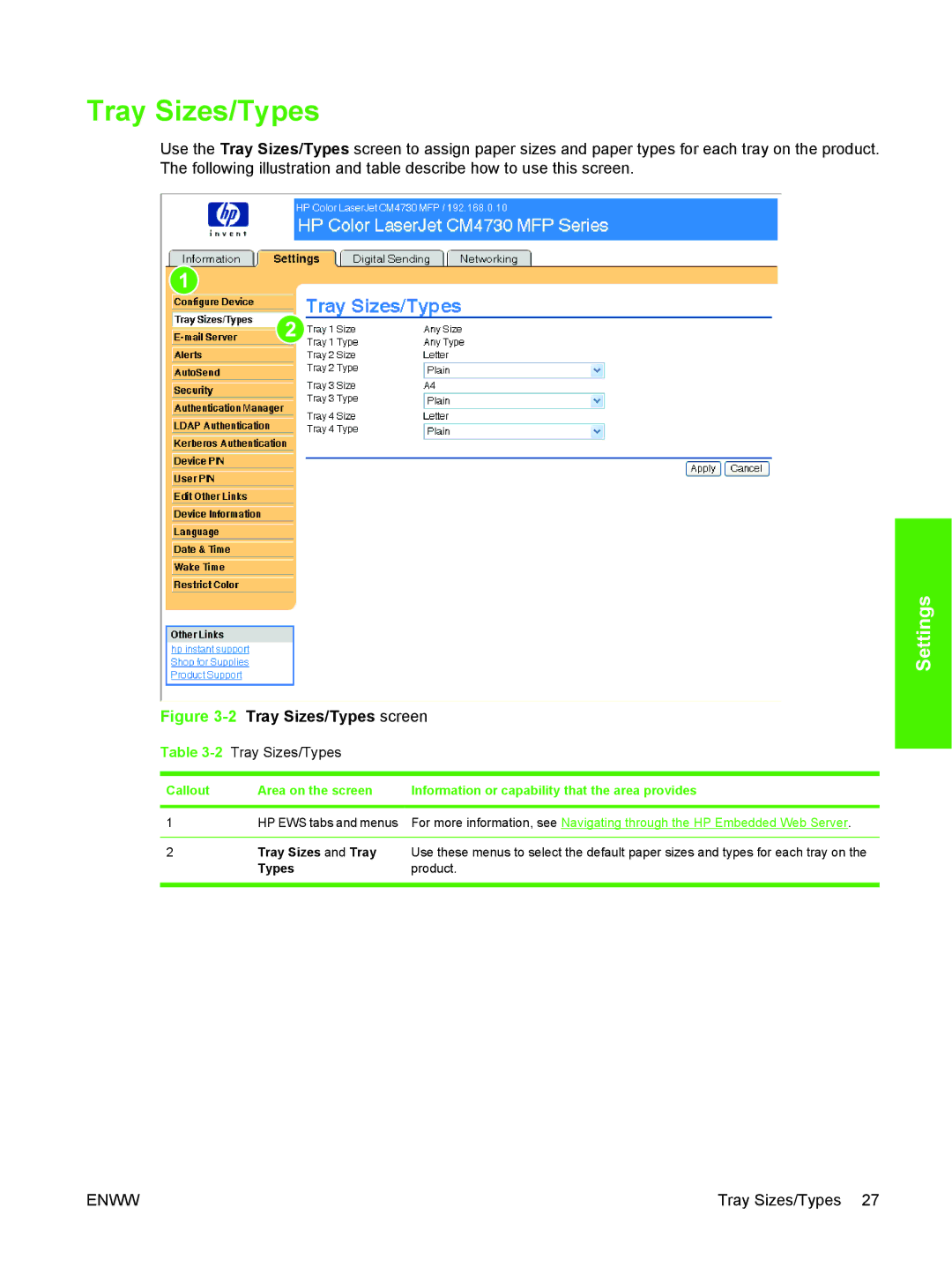 HP CM4730 manual 2Tray Sizes/Types, Tray Sizes and Tray 