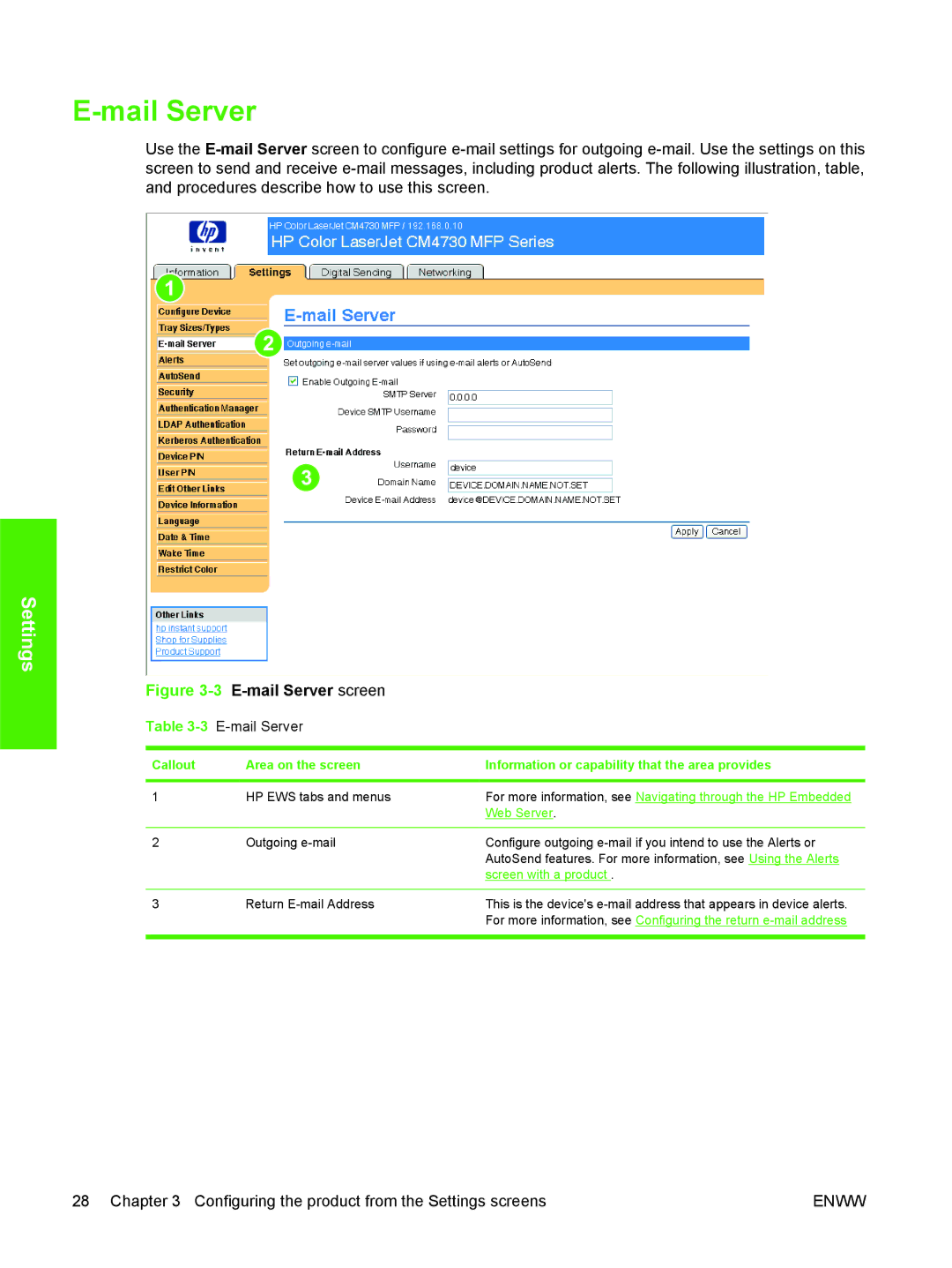 HP CM4730 manual Mail Server screen, E-mail Server 