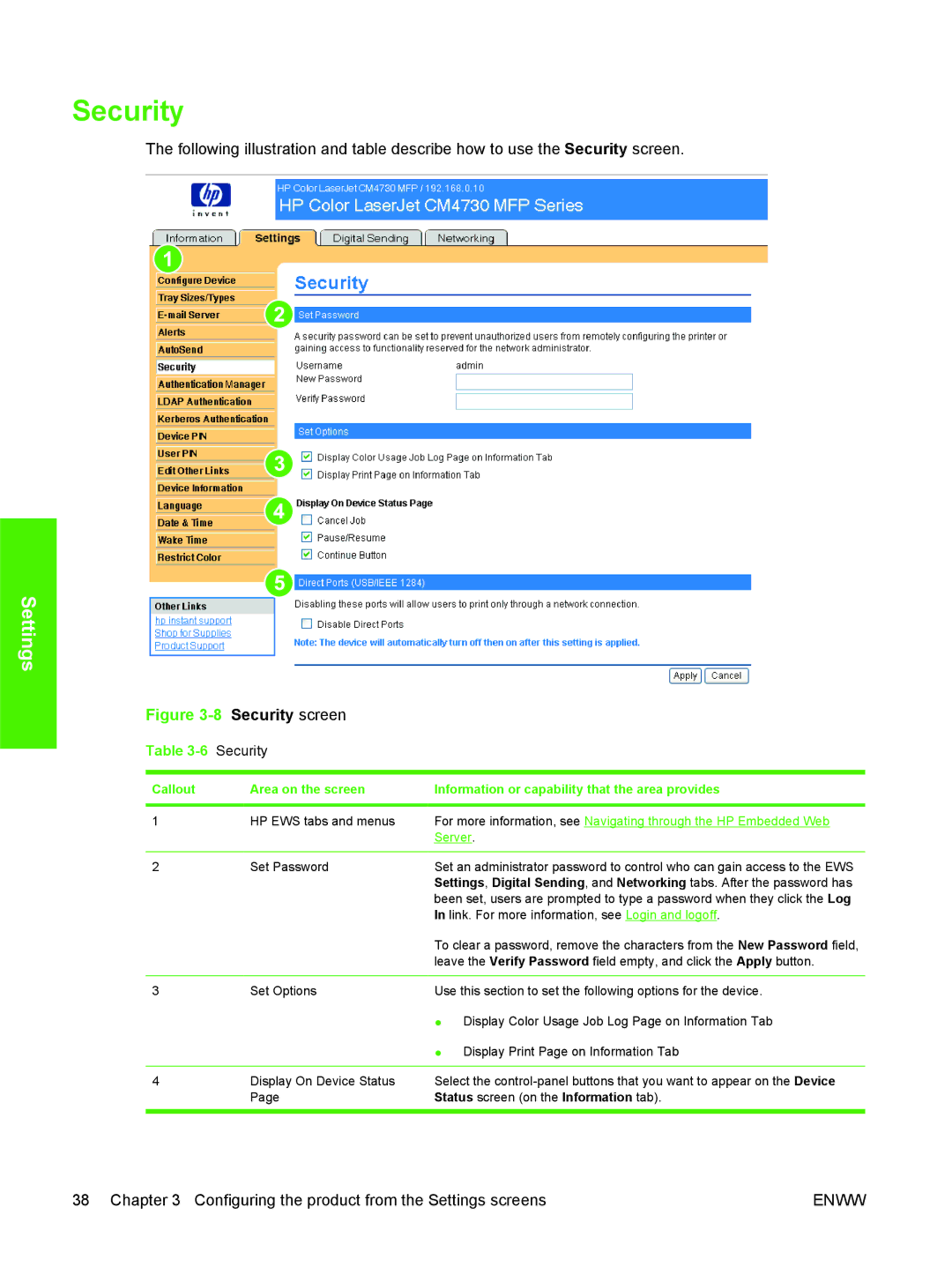 HP CM4730 manual Security screen, Set Password, Link. For more information, see Login and logoff 