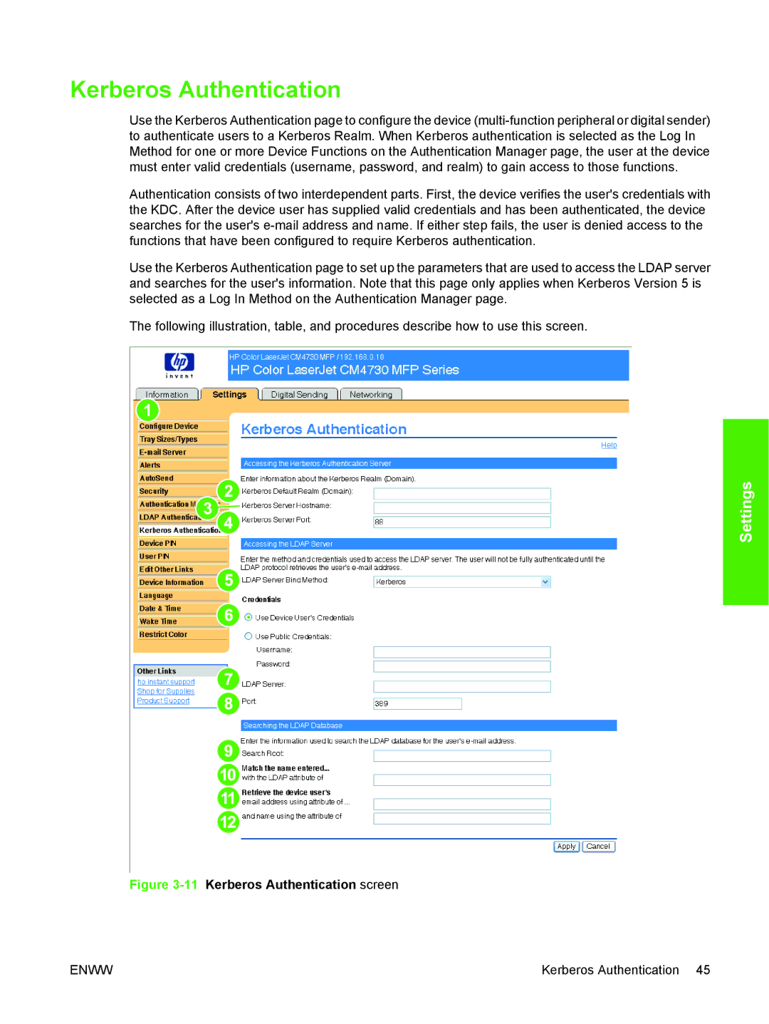 HP CM4730 manual 11Kerberos Authentication screen 