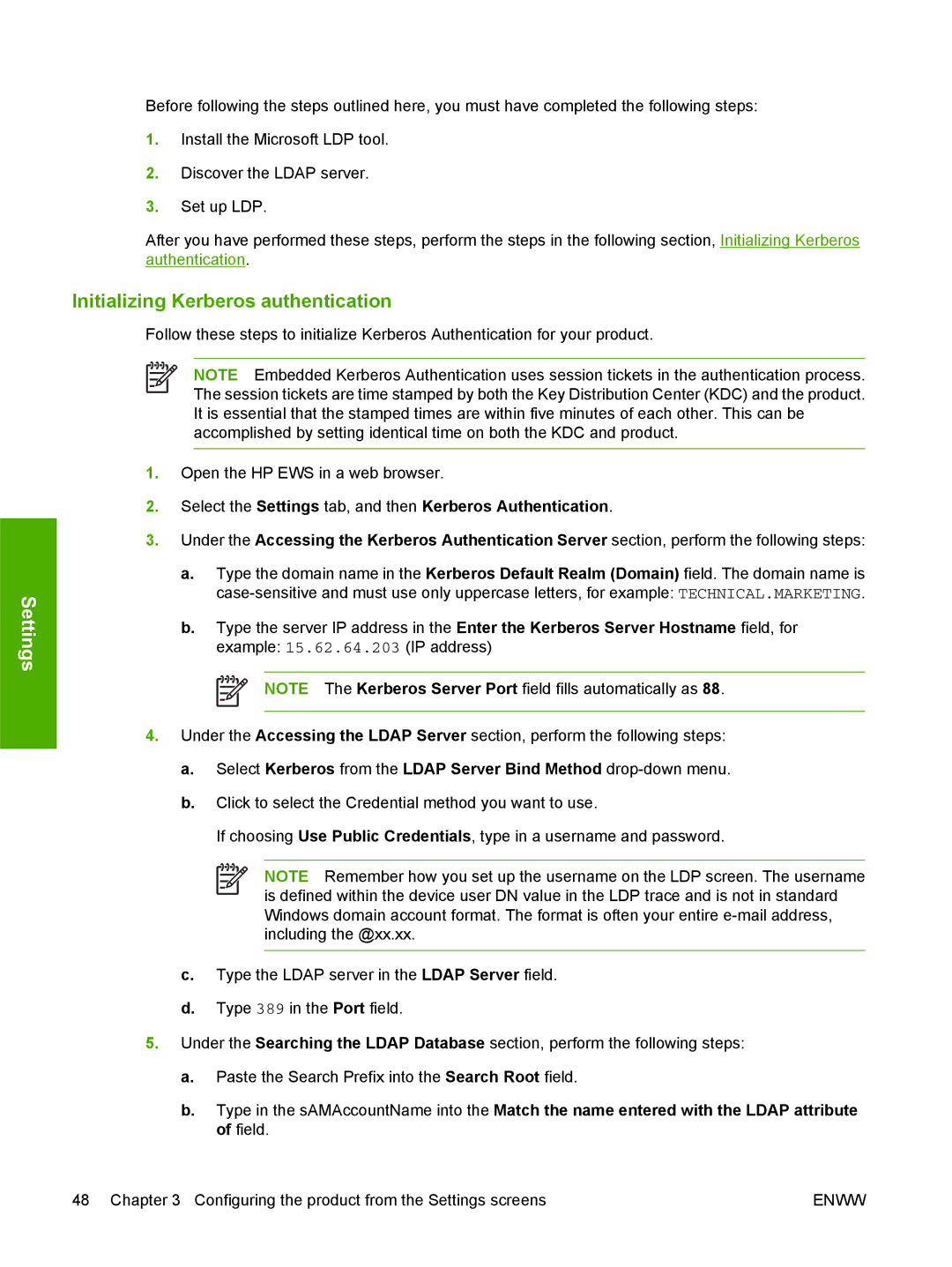 HP CM4730 manual Initializing Kerberos authentication, Select the Settings tab, and then Kerberos Authentication 