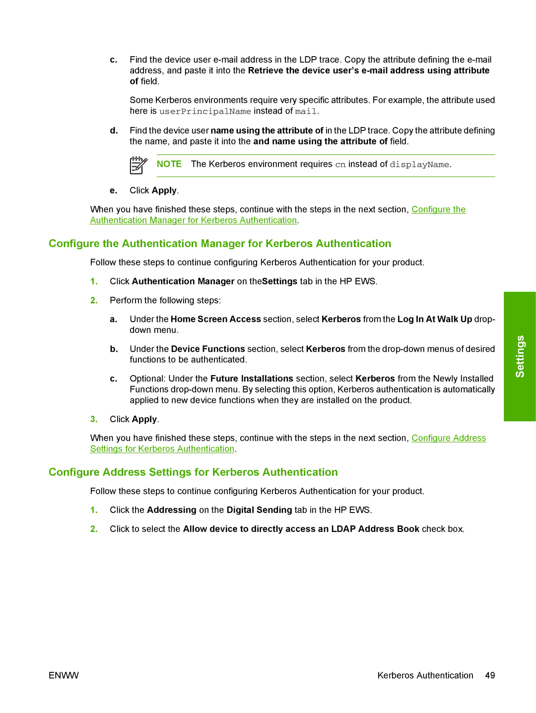 HP CM4730 manual Configure Address Settings for Kerberos Authentication 