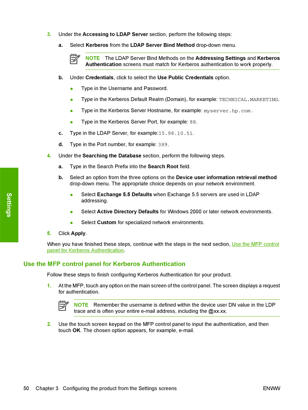 HP CM4730 manual Use the MFP control panel for Kerberos Authentication 